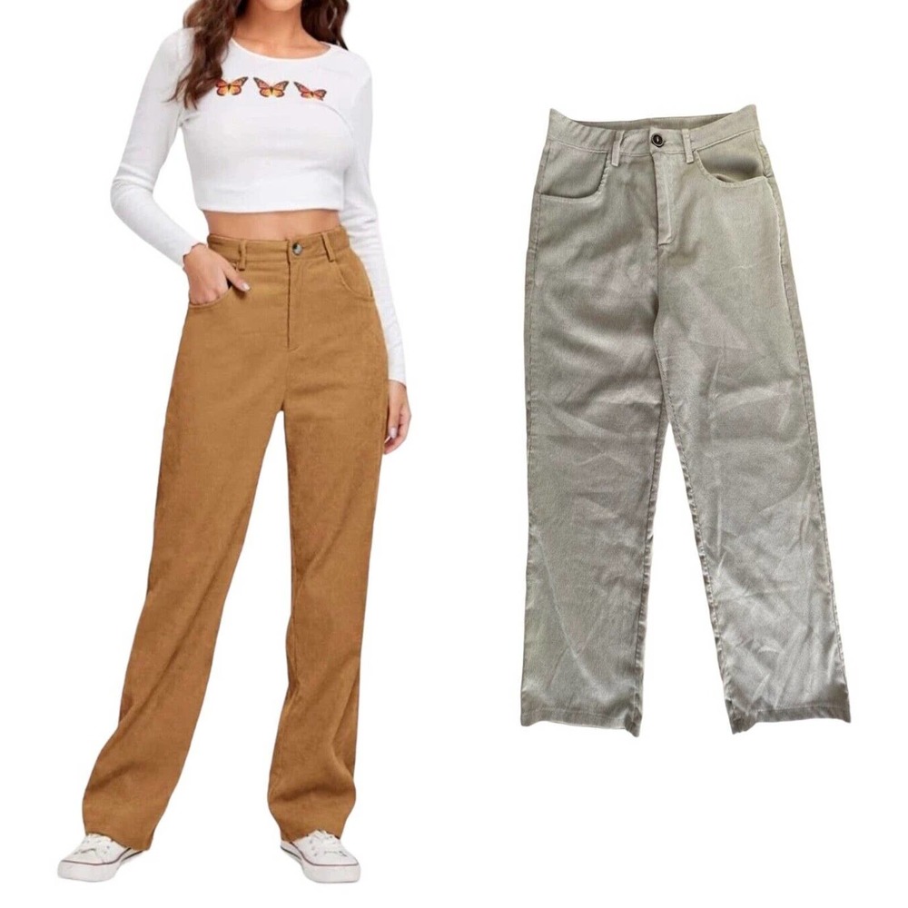 ROMWE Women's Straight Leg Corduroy Pants w/ Pockets Lightweight Size S Ivory